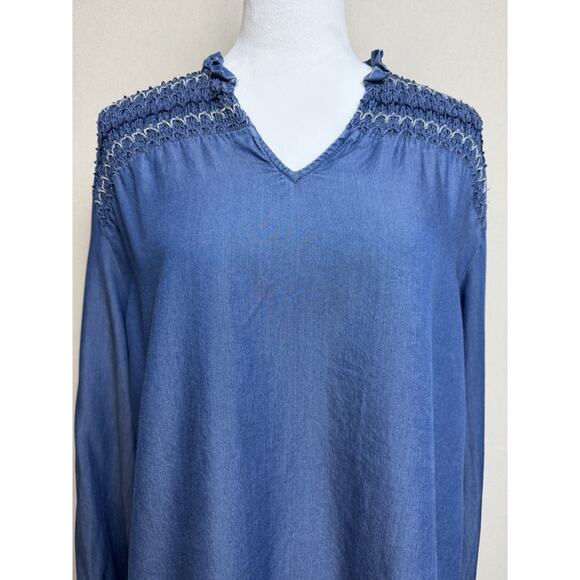 Calligraphie Women’s Blouse Top Blue Pinch Pleated Shoulders Long Sleeve Sz XL - Picture 3 of 14